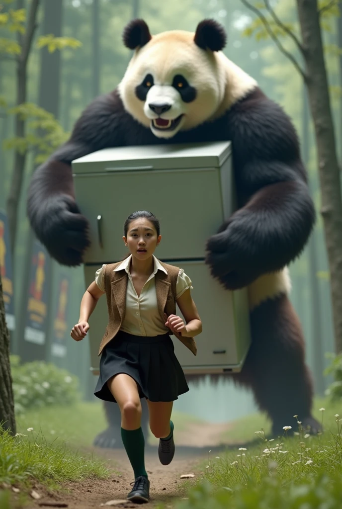 ((Giant panda holds up a refrigerator with both hands)), (Gray female pigeon), (short-sleeved shirt),(Angry Giant Panda), A giant panda chases after you, Gray female pigeonが全力で走って巨大パンダから逃げている, Gray female pigeonがオフホワイトで襟付きのshort-sleeved shirtに薄茶色のベストを着てひざ丈の黒いスカートに濃い緑の靴下と黒の靴を履いている, 筋肉質なGray female pigeon, The background is a grassy forest, ((horror movie posters)), Photorealistic images,