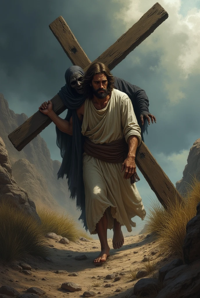 Create a powerful and dramatic image of Jesus carrying His cross along a rugged path, with Satan appearing beside Him. Depict Jesus with visible exhaustion and suffering, straining under the weight of the cross. His expression should reflect both physical pain and unwavering resolve. Beside Him, show Satan as a dark, shadowy figure, with a malevolent and taunting demeanor, perhaps whispering temptations or mocking Jesus’ struggle. The background should feature a desolate, harsh landscape with a dark, stormy sky, adding to the overall sense of despair and tension. The atmosphere should be grim and oppressive, highlighting the immense challenge and spiritual battle faced by Jesus.














