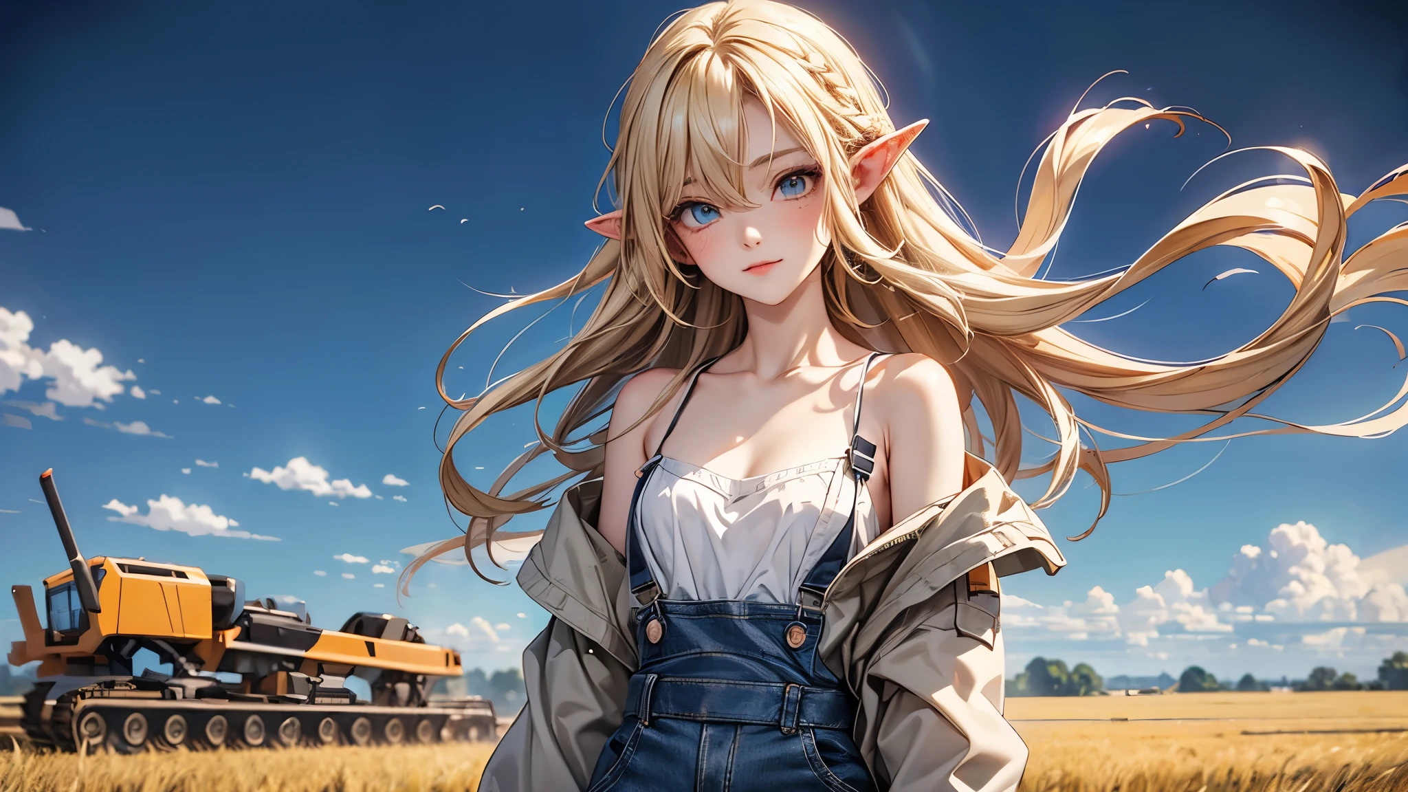 ((Masterpiece)), (Anime:1.5), ((best quality)), (RAW photo:1.2), (High Definition:1.3), (Professional Photography:1.2), (), (1girl), cute young girl, BREAK, (naughty face:1.3), (Beautiful daiamond eyes:1.5), (pale skin), elf girl, wearing Gray Workwear Coveralls, flat chest, slender waist, BREAK, (hair over eyes:1.2), Silky unruly hair, medium hair, ((blond hair)), wearing Gray Workwear Coveralls, (in a wheat field among agricultural machinery), ((low-cut neckline)), (open clothing in the chest area), ((Ukrainian flag on the background in the field))