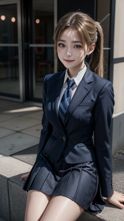A woman in a dark blue skirt suit and red tie sitting on a curb in front of a high rise building, a hyperRealistic school girl, hyperRealistic school girl, Realistic school girl, Girl in suit, Photorealistic Animation, Photorealistic Animation girl render, Girl in suit, Ultra realistic anime, Reality Girls, Wearing a strict business suit、smile、Blonde、ponytail