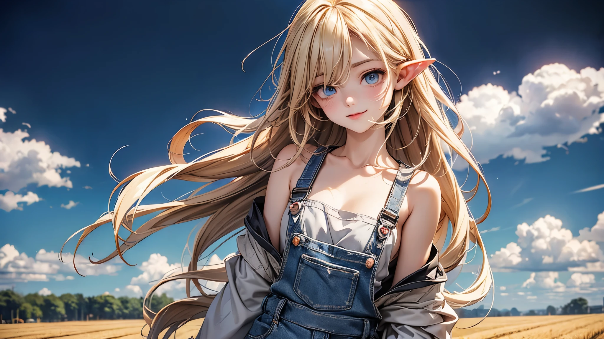 ((Masterpiece)), (Anime:1.5), ((best quality)), (RAW photo:1.2), (High Definition:1.3), (Professional Photography:1.2), (), (1girl), cute young girl, BREAK, (naughty face:1.3), (Beautiful daiamond eyes:1.5), (pale skin), elf girl, wearing Gray Workwear Coveralls, flat chest, slender waist, BREAK, (hair over eyes:1.2), Silky unruly hair, medium hair, ((blond hair)), wearing Gray Workwear Coveralls, (in a wheat field among agricultural machinery), ((low-cut neckline)), (open clothing in the chest area), ((Ukrainian flag on the background in the field))