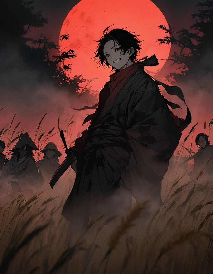 Red silk ronin costume。FOG,Standing in the wheat field。Half-length photo。black eyes。Clothes flutter in the wind。Grin。knife。おおきなknife。Short messy black hair。forehead, A young vagrant with a beard。Thin。Solitary。dark。Weird atmosphere。Japan。night。Full Moon。Red sky。safflower,Chiaroscuro,Black Tree。