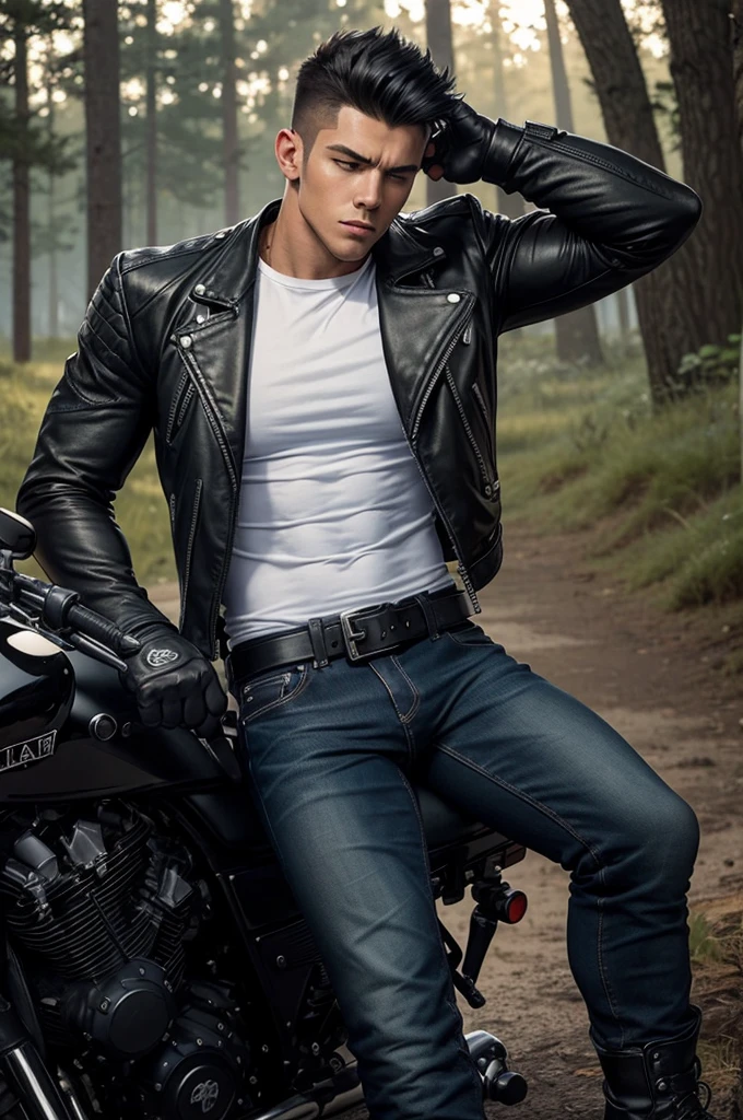 A muscular young man , wearing a white round-neck shirt and a black leather jacket over it, wearing blue jeans, black motorcycle gloves, a black belt, and black combat boots and a holster strap black for a handgun on his thigh , Sleeping, leaning against a motorcycle big bike black, on a grass field in the forest. Anime.