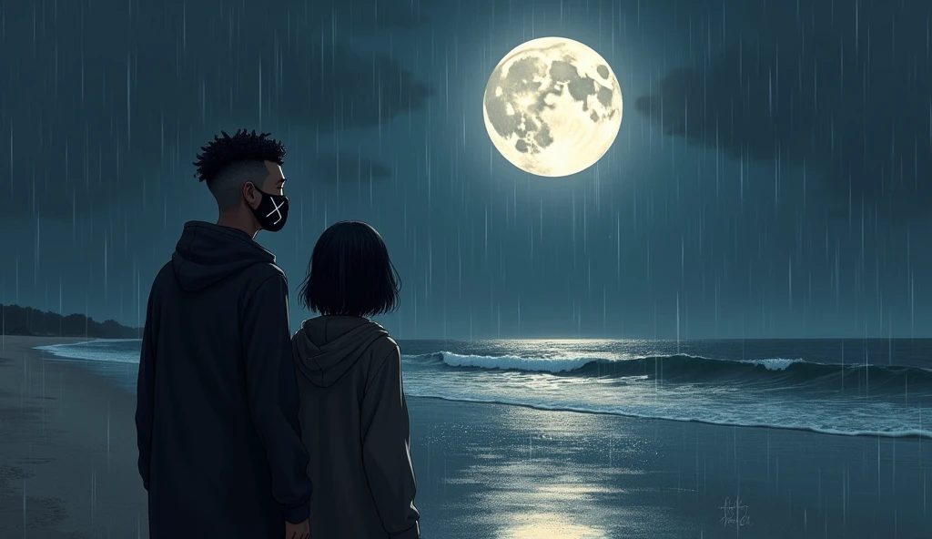 A young black man with his hair shaved on the sides and curled on top, thick eyebrows,wearing a black mask with a "X" drawn on it,and he wears a black hooded coat, walking with a girl,black woman with short hair, walking along the beach, at night while it rains, we can see a square moon in the sky, and its brightness reflecting in the sea water, o casa caminha apaiXonadamente. the moon is square.the two looking at the moon ,in 4k drawing