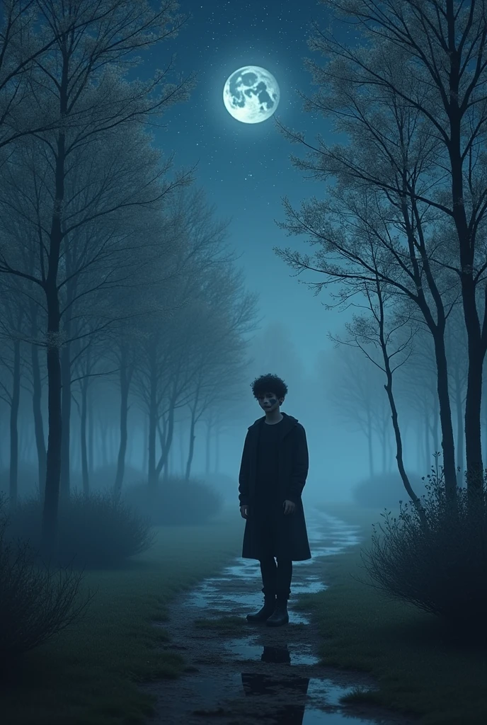 wide angle, whole body, (A cute, young and charming young man., Strong Gothic makeup) Lakeside town, White birch forest and apple orchard, Starry Night, ((Matias_ style!)), The atmosphere was gloomy and foggy., Surrealism, The absurdity of tenderness, The Attraction and Rejection of Unique Appearances, Innocent Magic Art, Traditionalism, Protogen, , ((best quality, Masterpiece)), ((More details)), Impression:1,1, 8ก