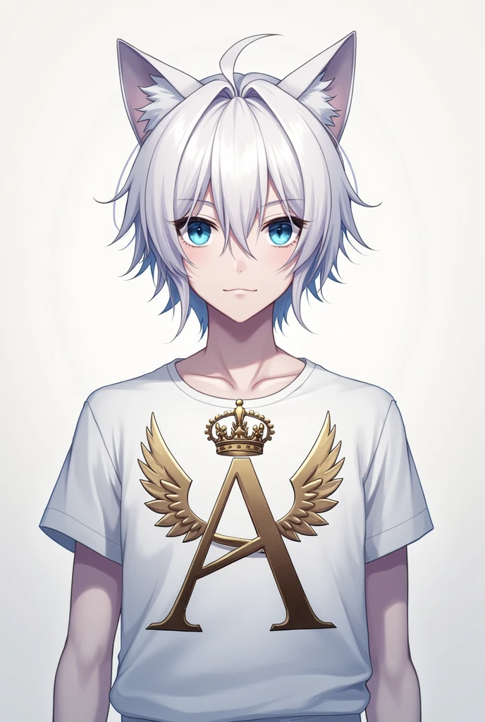Make a male anime character with white hair, blue eyes, cat ears, a white shirt with a letter A printed on it and a crown on top of the letter A and wings on the sides of the letter A. 