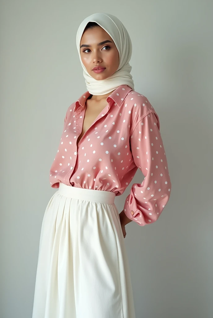 wearing a white hijab, wearing a pink shirt with white spots, wearing long a white skirt,full body ,,big tits,sexy pose,,open clothes ,no bra