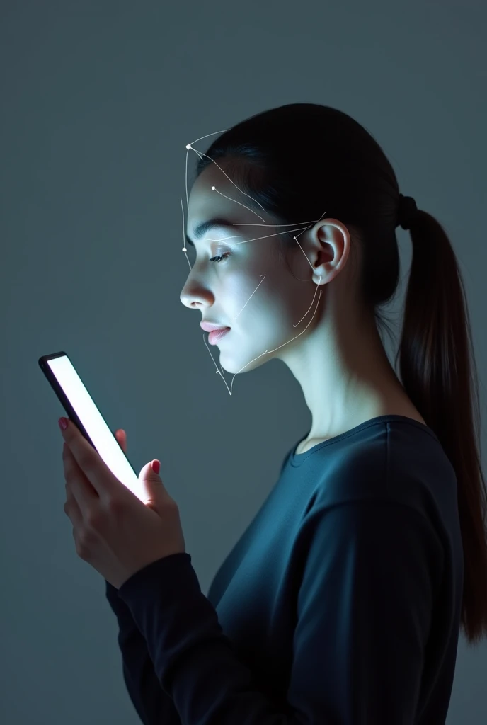A profile portrait of a young woman holding a smartphone in front of her face for facial recognition. Show a white grid on her face to indicate facial recognition measurement points, and illuminate her face with light from the smartphone. The background should be gray, and the woman should be wearing a dark-colored top with her hair tied back.