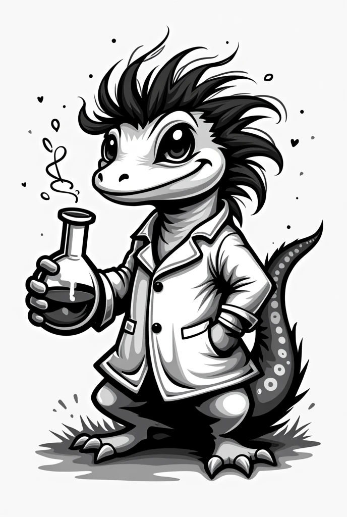 black and white logo of a salamander with tousled hair and a chemist jacket and holding a scientist's flask