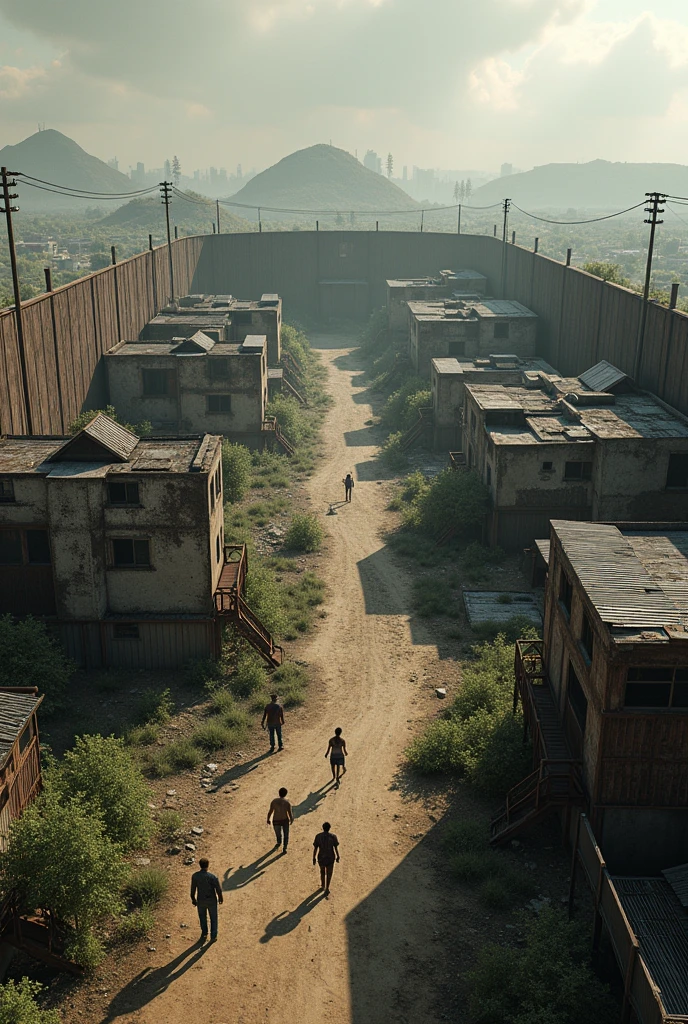 (photorealism:1.2), a town similar to Alexandria from The Walking Dead, surronded by a wall made of scrapped metal