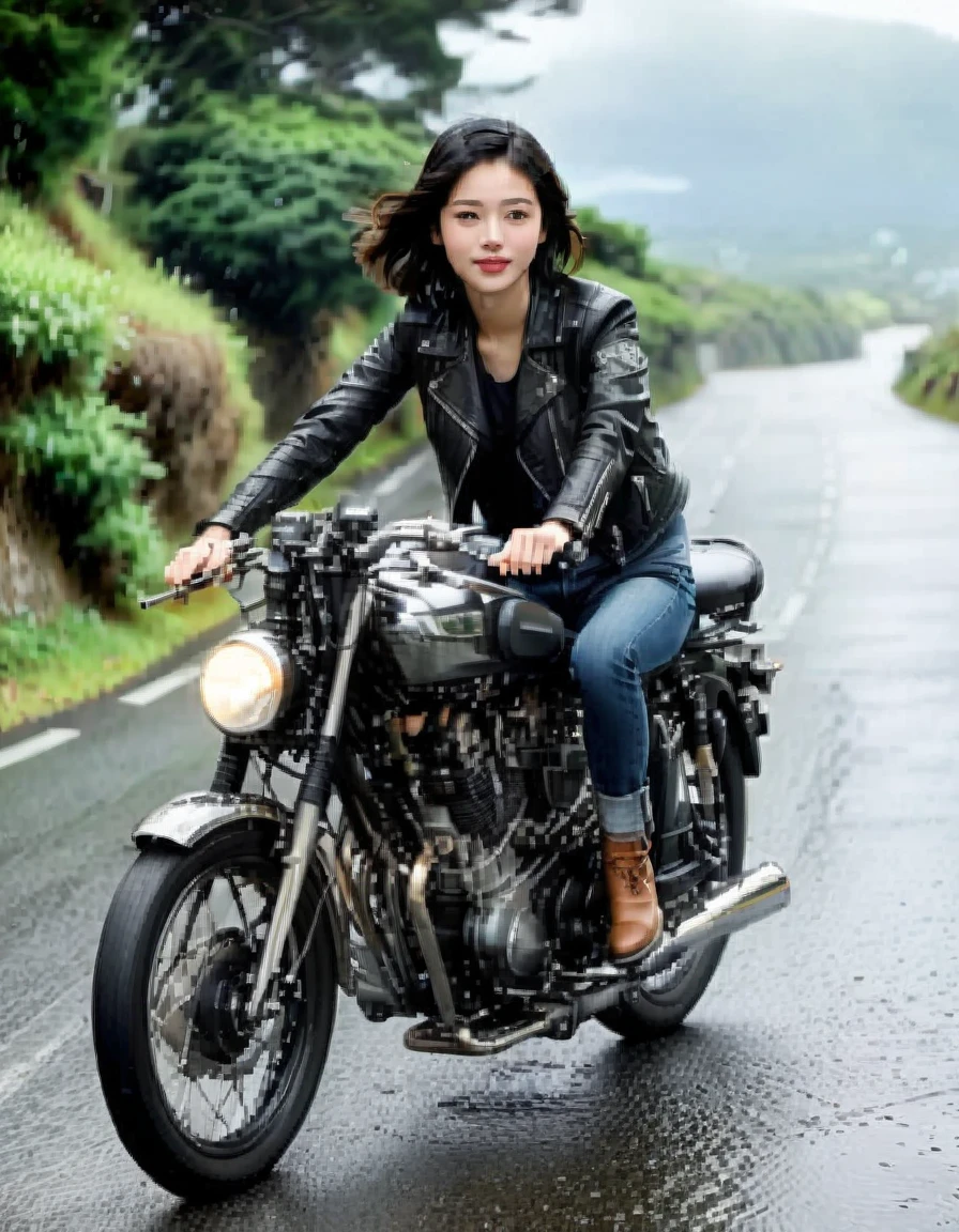 (Ride a classic motorcycle:1.2 )、(Vintage Bikes、Bluff Superior SS100)、Beautiful young Japanese woman、Beautiful Face, Black Hair, Short Bob Hair, Classic Leather Jacket、(Accurate bike shape)、Photograph the entire bike、(The balance between people and bike size is our number one priority:1.2)、After the Rain、English countryside、 Coastal road with ocean view、Blur the background、Motion Blur、Photorealistic、(Highest quality, masterpiece, High resolution)、8k、wallpaper、 