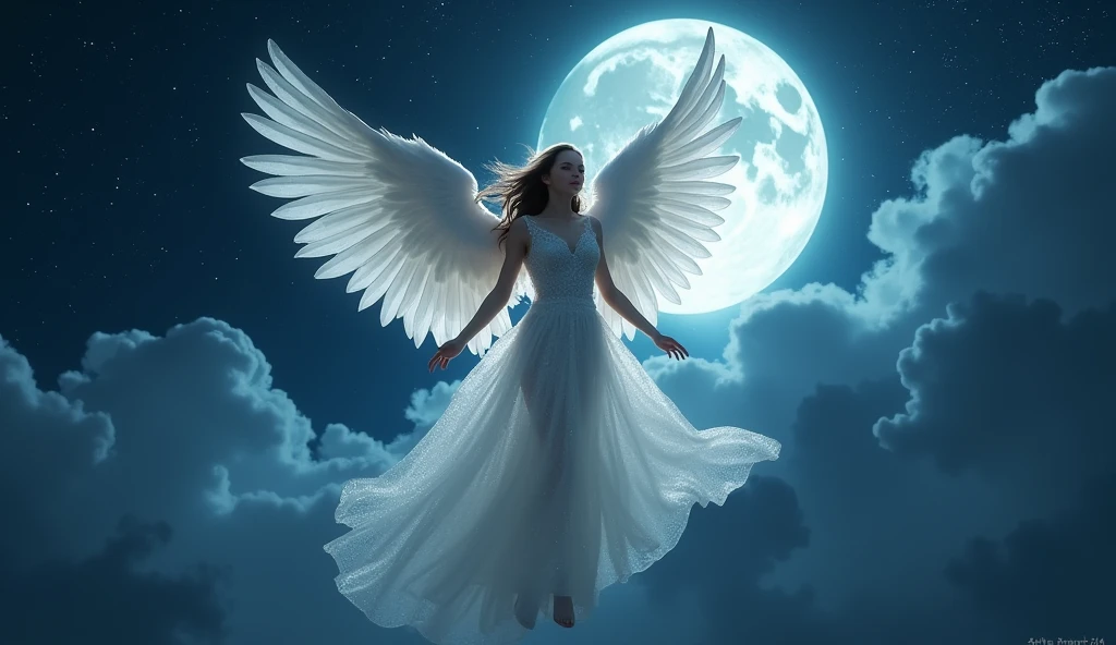Under the glowing full moon, a seductive angel with pure white wings soars through the night sky. Her dress sparkles like stars, made of translucent fabric that flows in the wind. Tiny stars twinkle around her, adding to the enchanting atmosphere. Her eyes exude kindness and healing, calming the hearts of those who gaze upon her. The background features a sky full of stars, blending silence with mystical beauty. Aim for realistic depiction, make sure photos are at highest resolution (8K)