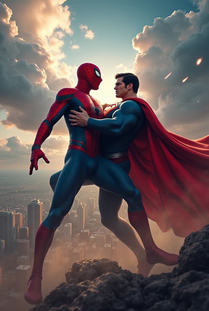 Spider-Man vs superman with dramatic background