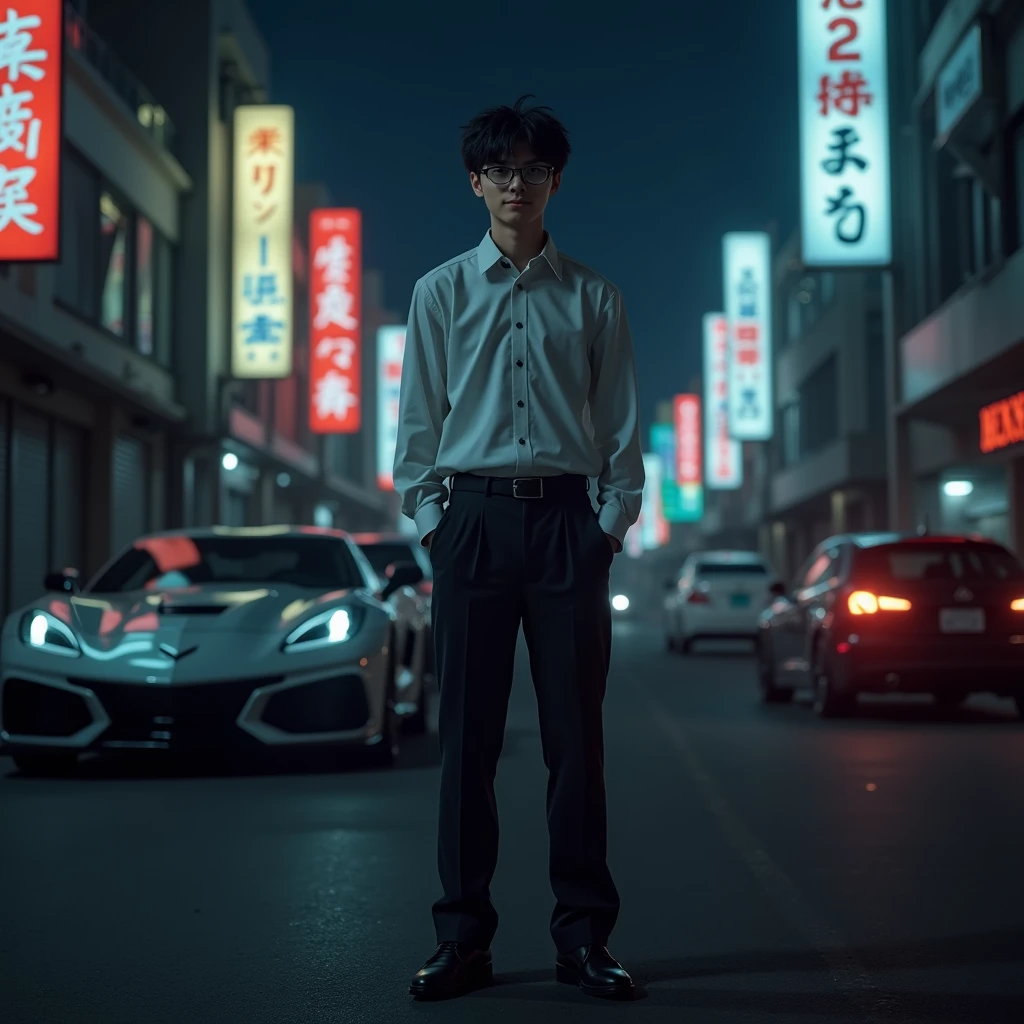 A young man shorty black messy haircut, glasses, wear plain clothes, long formal pant clothes, wear black shoes, standing, fashion, natural, sweetly smile, at night, smoke, darkness, silent road, corvette carsport beside him, colorful neon lights lamps, real hyper realistic, real human japanese, UHD 8k, detailed photo, perfect face, detailed places, landscape, full body, photo was taken from a facial forward in the giant road of the city