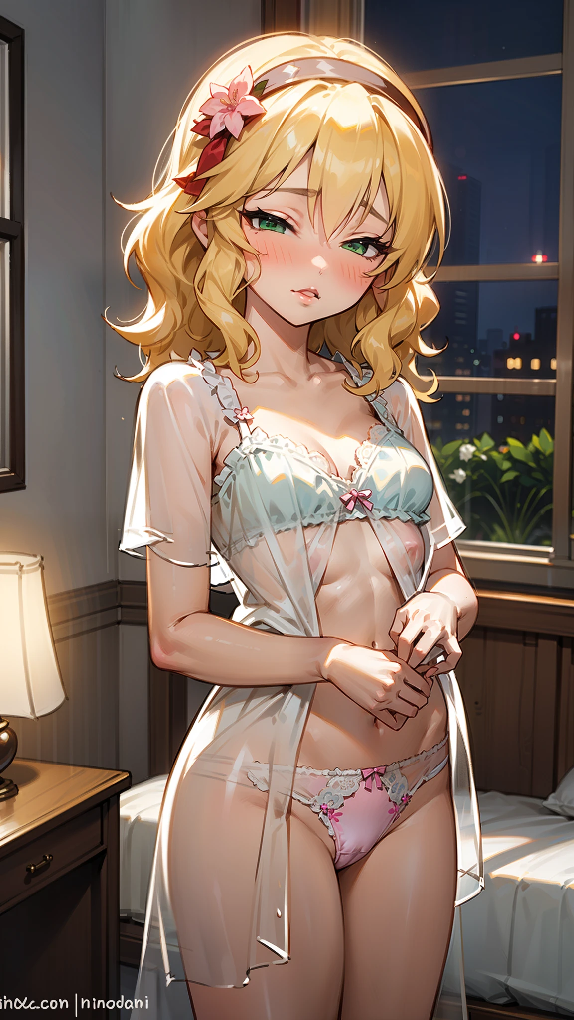 masterpiece,Highest quality, Very detailed,One Girl(Sakurai Momoka, Nice small breasts, Wavy Hair,blonde, head band, Pink flower in hair,Green Eyes, Half-closed eyes), Fascinating face, Lips parted, nose blush, blush, In-person audience , View your audience, alone, See-through nightgown, In the bedroom,  At night, Are standing, Seduce your sexy waist  (panties), (good), (In underwear), (Flashy underwear), (lingerie), 