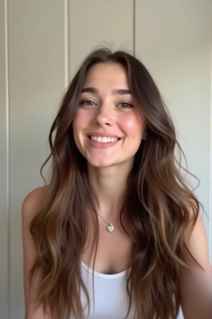Video of a woman with brown hair and brown eyes lip syncing on tiktok