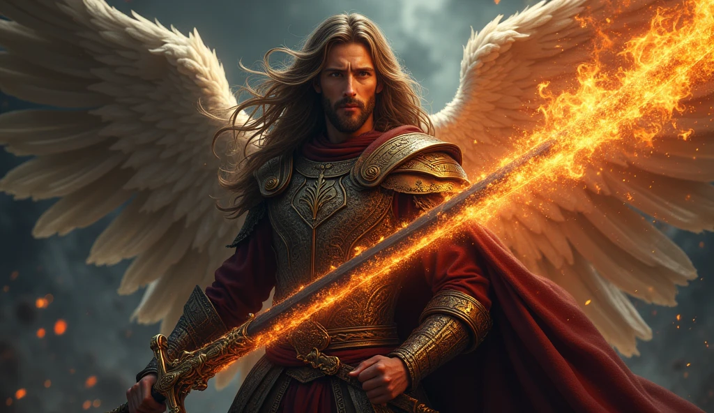 a long-haired warrior man with an angelic face dressed in medieval clothing holding a dark-style flaming sword