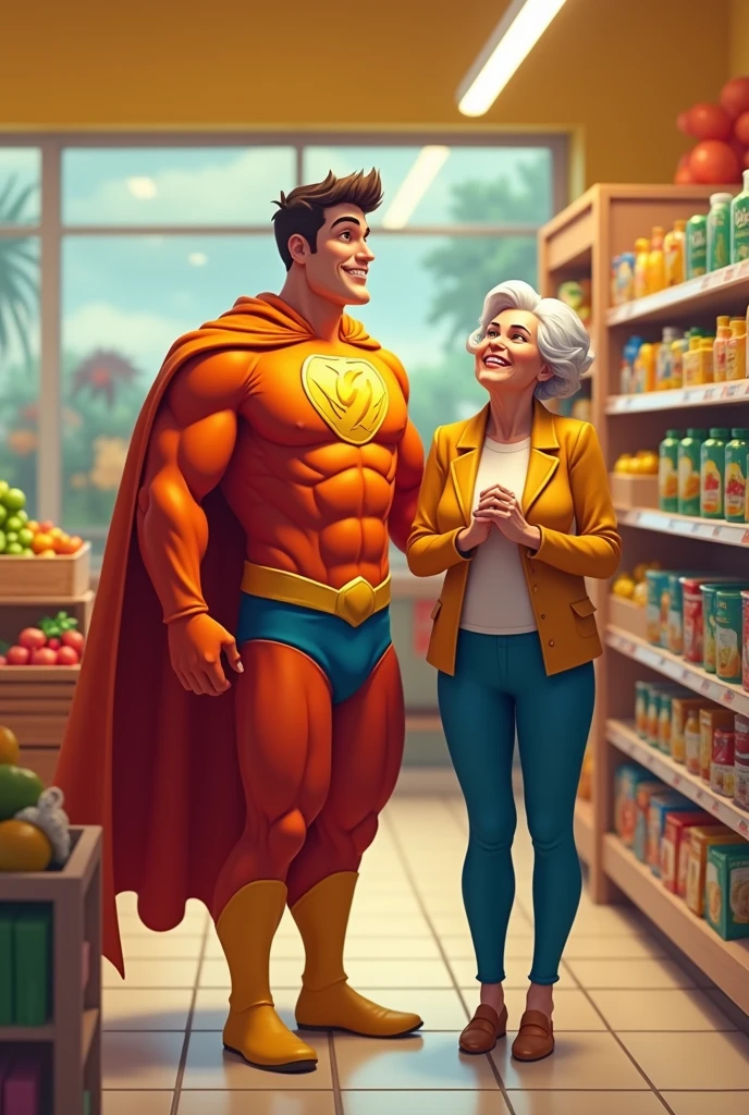 
create a supermarket superhero who works in the merchandise replenishment sector helping an elderly woman in the happy supermarket

