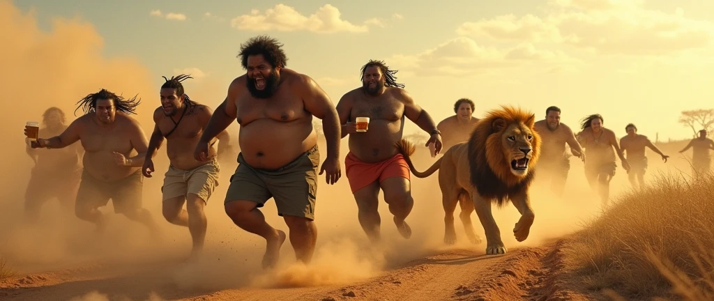 incredibly fat african people running from a lion in the savannah they are angry, are running away, men and women, dirt clothes, people talking loudly and swearing, fat people rolling on the floor, dust, lensflare effect, motion-blur, highly dynamic image, bare feet, holding glass of beer, Holding Hamburger, highy detailed, Amazing scene,