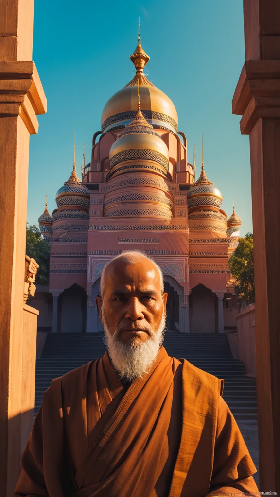 The Idian Elder, a monk, одет в жревеюю одежду a monkов, silit, it is clearly visible, all details well drawn 4K, the face is clearly visible. Futuristic Indian Temple Background, All Bright, the colors are rich and light 