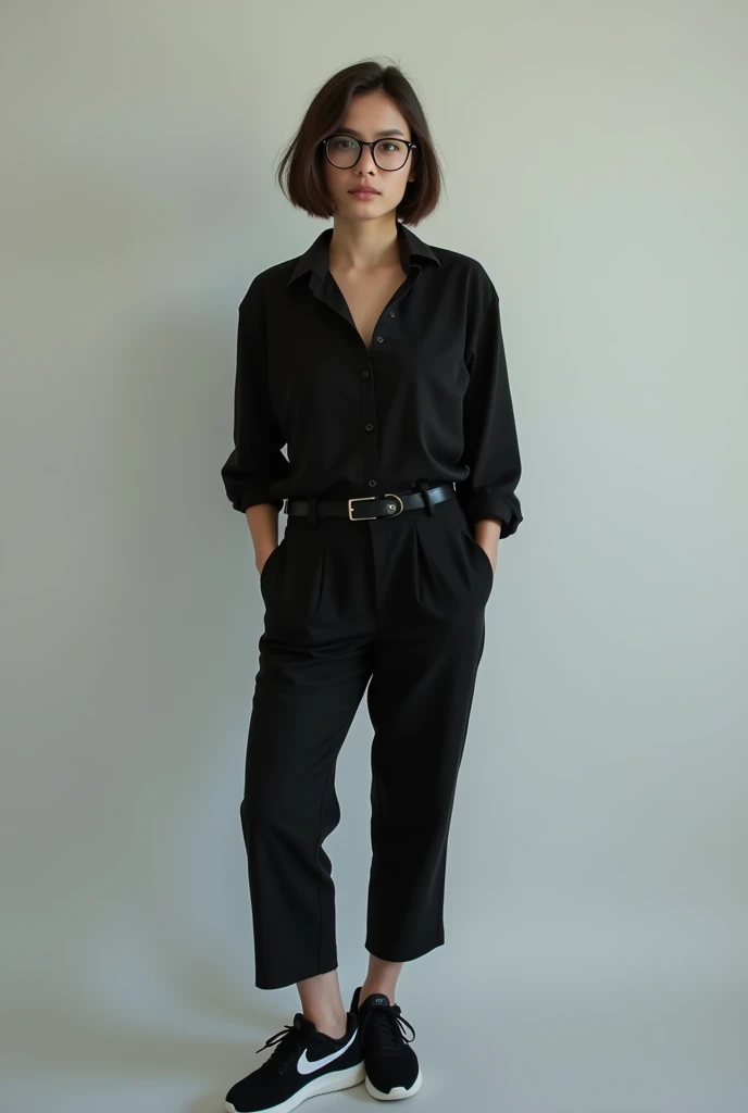 I have 1,65, brunette with indigenous features, short hair and half round glasses, black pants, black blouse and you have black nike