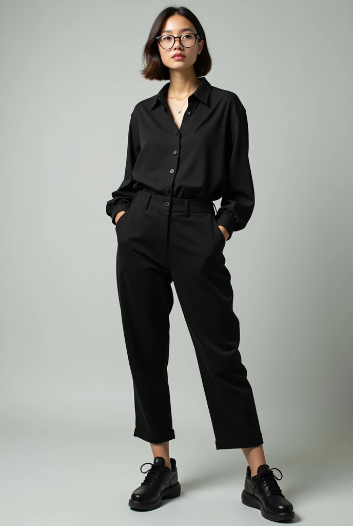 I have 1,65, brunette with indigenous features, short hair and half round glasses, black pants, black blouse and you have black nike