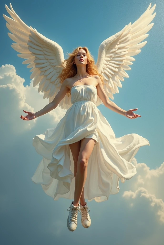 🖼️
🎨️
📐
✨
fotografía profesiona ultra detallada de pintura renacentista al óleo de un ángel femenino con las alas abiertas flotando sobre un cielo azul y nubes blancas, multiple colors, ultra realistic, with a beautiful angelic face, vibrant 256k colors, blessed winged angel, cosmic, queen, Full body image, with Nike sneakers, radiates light, with soft flashes of light on her half-naked body, covered with wavy silk that falls and floats gently, magnificent, beautiful, heavenly face, Golden hair, White skin, Princess, rock makeup, large ultra detailed wings with white feathers