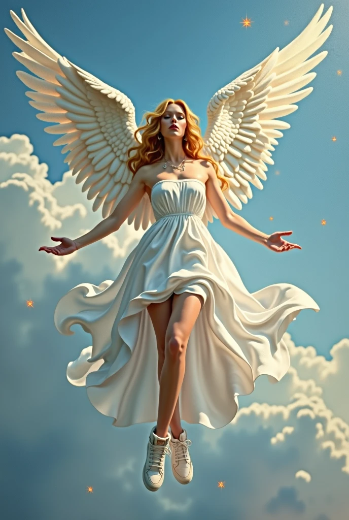 🖼️
🎨️
📐
✨
fotografía profesiona ultra detallada de pintura renacentista al óleo de un ángel femenino con las alas abiertas flotando sobre un cielo azul y nubes blancas, multiple colors, ultra realistic, with a beautiful angelic face, vibrant 256k colors, blessed winged angel, cosmic, queen, Full body image, with Nike sneakers, radiates light, with soft flashes of light on her half-naked body, covered with wavy silk that falls and floats gently, magnificent, beautiful, heavenly face, Golden hair, White skin, Princess, rock makeup, large ultra detailed wings with white feathers