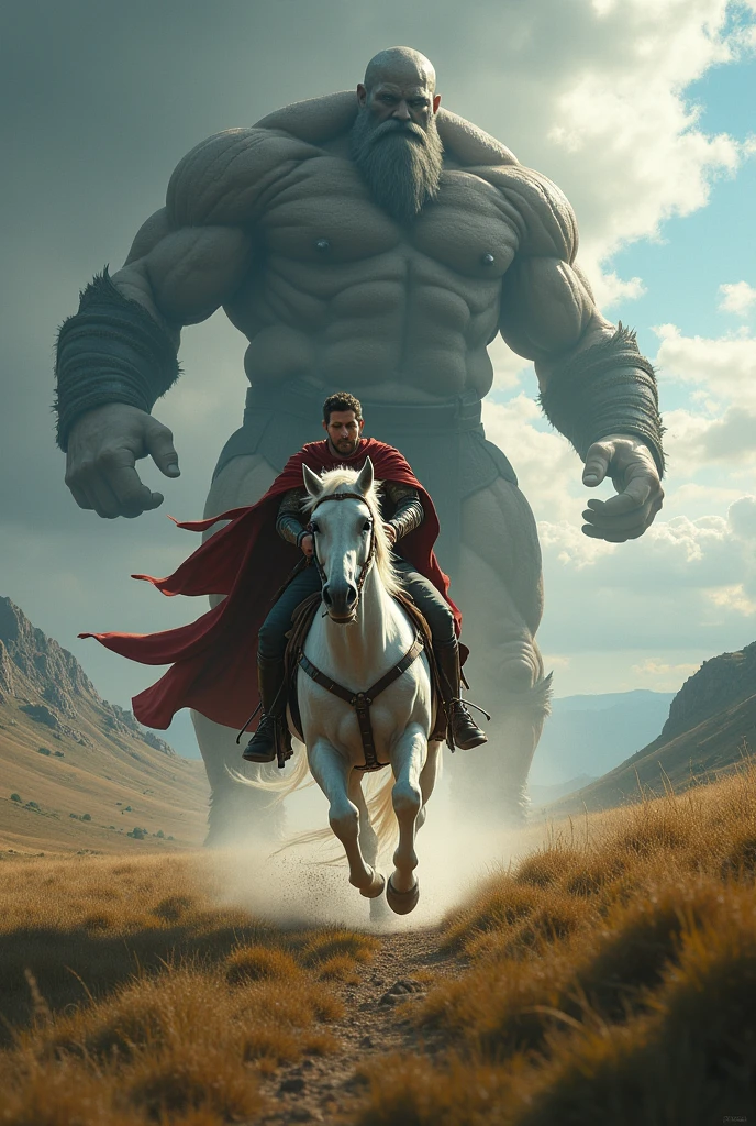 a prince riding a horse running away from a giant