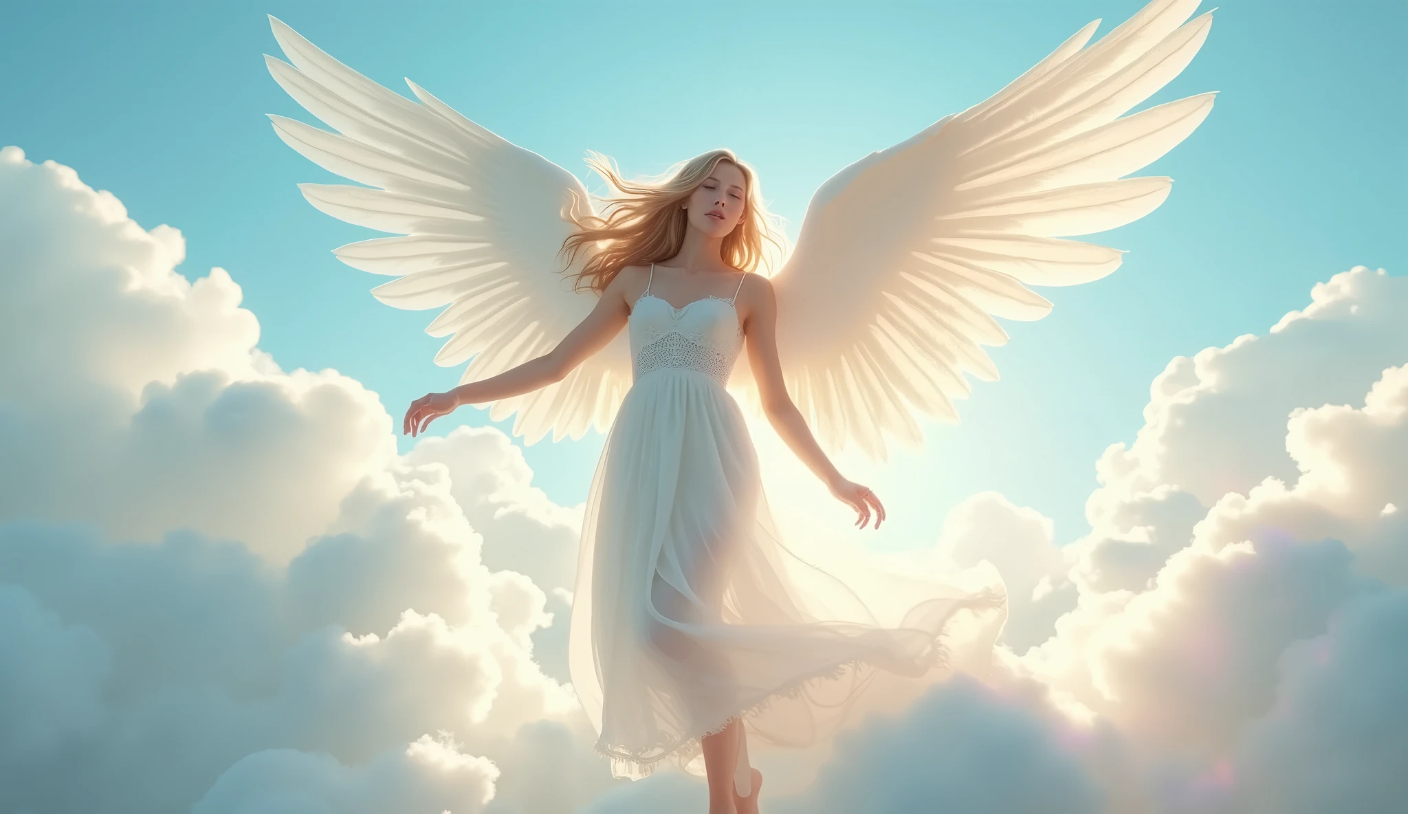 A beautiful angel with pure white wings gracefully dancing atop soft clouds. The angel has long, flowing blonde hair and wears a sheer white dress, her skin glowing under the gentle sunlight. Rainbow-colored light filters around her, creating a heavenly, dreamlike atmosphere. The background features a bright blue sky with soft pink clouds, evoking a sense of relaxation and serenity. Aim for realistic depiction, make sure photos are at highest resolution (8K)