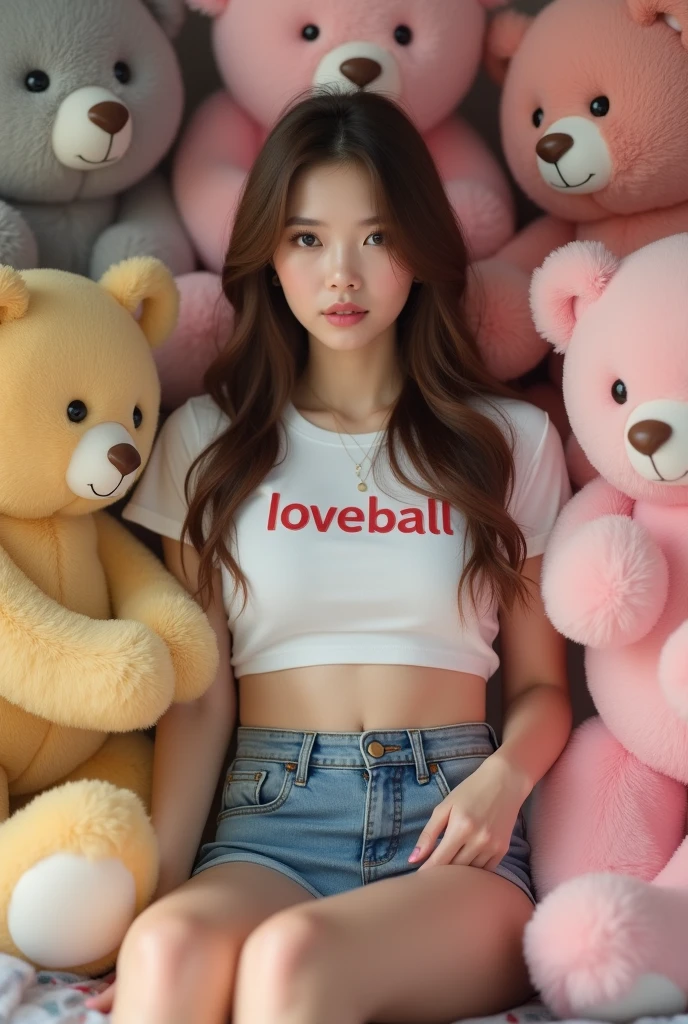 A beautiful young Asian woman with long, flowing brown hair and a captivating gaze sits confidently amidst a colorful array of plush teddy bears. She wears a simple white crop top screen "Love Ball" and denim shorts, creating a casual and playful aesthetic. The teddy bears, in various shades of pink, yellow, and grey, form a soft and inviting backdrop. The scene exudes a sense of youthful charm and innocence, reminiscent of a childhood bedroom filled with cherished toys.