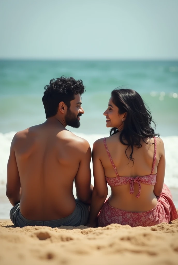 Kerala straight couple in calicut beach.Realistic photo.showing face. No ornaments.Female is white skin tone chubby curvy with black hairs Looks like actress nithya menon. Male is black skin tone with beard