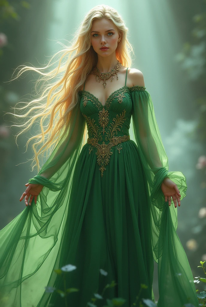 Girl , ((( Green dress), flowers, jewelry, long sleeves, wide sleeves, elf clothing, , embroidery, long skirt, long flowing blond hair, detailed face, detailed beautiful eyes, (intricate:1.3), (arcane aura:1.2), (dreamlike:1.3), (subtle mist:1.1),(vibrant colors:1.2), (detailed hair:1.3), (ultra realistic details:1.5),