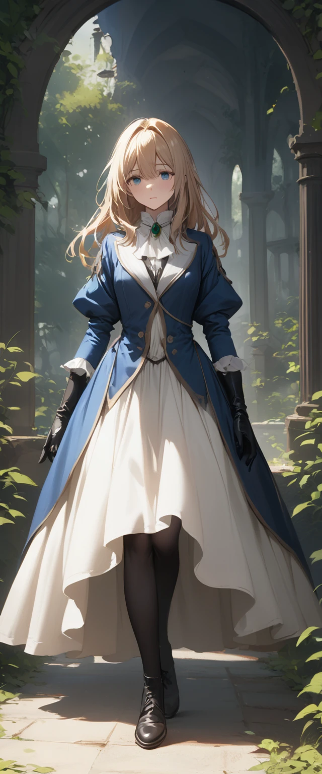 France in the 1890s。The main character of Violet Evergarden has blonde shoulder-length hair with a red ribbon.。She is wearing a classical aristocratic outfit based on ultramarine blue, with a white ribbon on her chest and an emerald necklace in the center.。On both arms, he wears long black leather gloves that reach up to his elbows.。She has very beautiful blue eyes。In the background you can see a slightly blurred French garden.。She always looks sad and lonely。Beautiful and realistic photos.。Walking far away。She is wearing a white flared skirt.