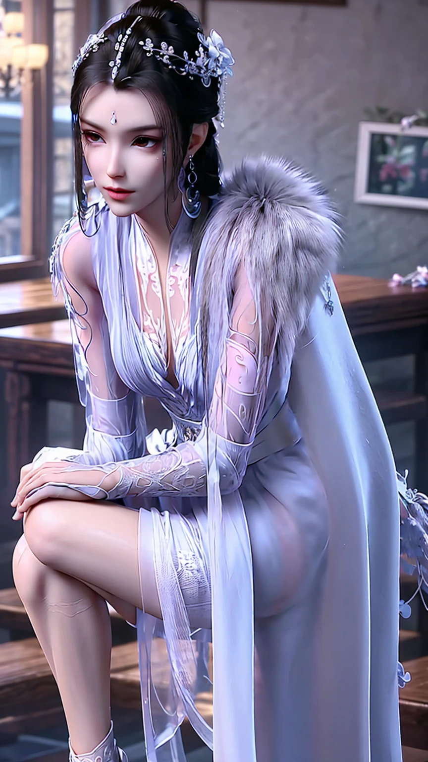 masterpiece, best quality, tthl, 1 Girl, , Solitary, Long hair:1.2, Large Breasts,, Hair accessories, skirt, Bare shoulders, Jewelry,  Alternative clothing,  bracelet, ear rings, 长skirt, 蕾丝skirt, bracelet, barefoot, 细barefoot, Charming smile,Cross your legs, Sitting in the bathtub, indoors, From below，camisole