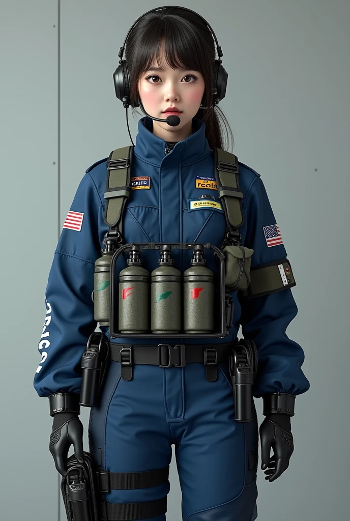 (best quality,ultra-detailed),(realistic,photorealistic:1.37), ultra-high resolution, (realism: 1.4), ((from front)), favor details, highly condensed 1lady, with beautiful and a delicate face, (straight standing, small breasts, chubby:0.2, looking at the viewer), (wearing racing suit likes police uniform, wearing high-tech headset, military harness, granades), background simple grey wall,