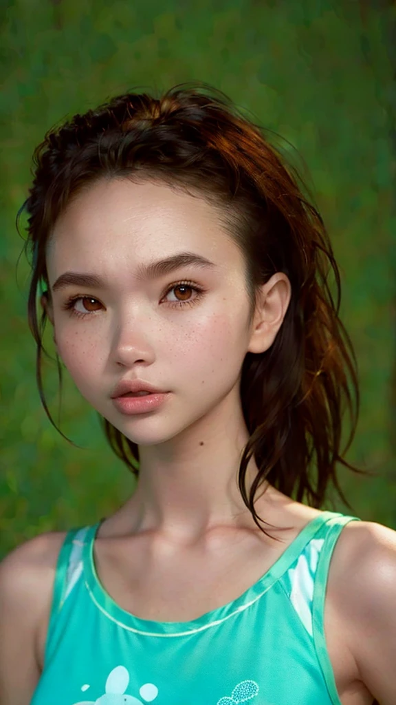 Create a Pixar-style character with long, black hair ,light brown skin woman, small breasts dark brown eyes , thin eyebrow and thin face and big mouth with tank top