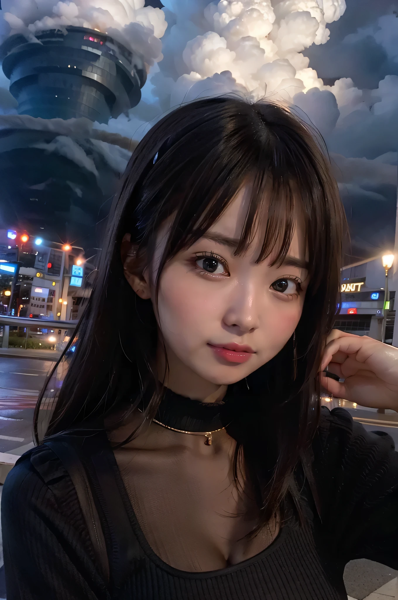 Giantess in a short dress, GTS City of the Year 3000, City Buildings, Smoke rising, cloud, tornado, light, evil, Realistic lighting, High Jump, Under,