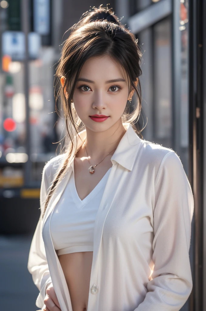 1 beautiful girl in Hanfu, ((very thin and soft white silk shirt)), platinum purple long ponytail, Jewelry, ear jewelry, necklace and necklace, carefully painted purple big eyes, carefully made up, thin eyebrows, high nose, beautiful red lips, no smile, pursed lips, rosy cheeks, wide chest, big breasts, well-proportioned breasts, slim waist, well-proportioned buttocks, black fishnet stockings, Chinese Hanfu style, fictional art pattern, full of bright and realistic colors, RAW photo, realistic photo, 8k ultra-high quality surreal photo, (magic light effect effect: 1.8), 10x pixels, magic effect (Background): 1.8), super detailed eyes, full body portrait of the girl, standing in the rain, wet clothes hugging the body, revealing beautiful curves, dynamic posture, 1 Girl, Beautiful, Baby Face, 20 Years Old, White Skin, Pose, Big Breast, (The Front of The Blouse is Open:1.3), Grey Eye, Muscles:1.3, Outdoor, Bokeh:1.1, Drill Hair, Tied Hair, ((Coloured Hair)), Open Mouth, (top quality、8k、masterpiece:1.3))、30-year-old Korean woman,sharp focus, High level of image quality, high resolution,facial focus,Portrait ID photo,Upper body photo。Draw lips correctly, red lipstick,wear white shirt,red bow tie,Green suit。wavy long hair,hair tied up,ponytail,Mature,charming smile,Pink warm color background,solid color background, masterpiece,best quality,high resolution,8k,Focus on the thighs and above,RAW photos,digital photography,(Sci-fi style female family),20 year old girl,Long ponytail hairstyle,through bangs,(purple eyes),(white hair),plump breasts,felling,Elegant and noble,Serious and indifferent,Open white coat,Black camisole bra,Rich details,shut your mouth,show your belly button,intricate ornaments,Cyberpunk futuristic style,(female scholar),photo poses,White background,oc render reflection texture