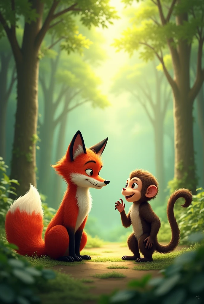 The fox and the monkey are talking.