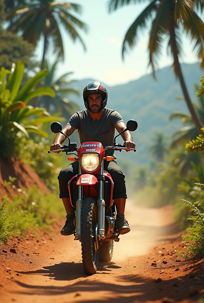 Make me a picture of a Brazilian on a Honda XR150L motorcycle