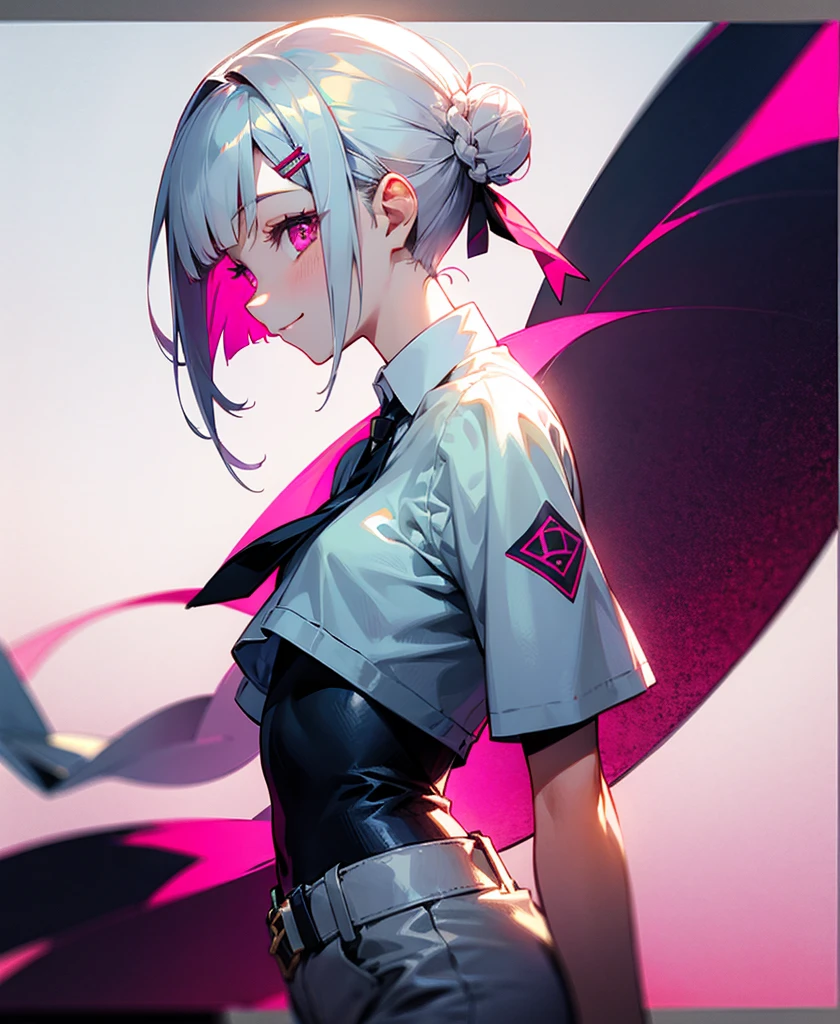 With one person、Short silver bob hair tied in a bun with a hair clip、Pink Eyes、smile、From the side、wear a rider'Jacket、Colors based on red and green