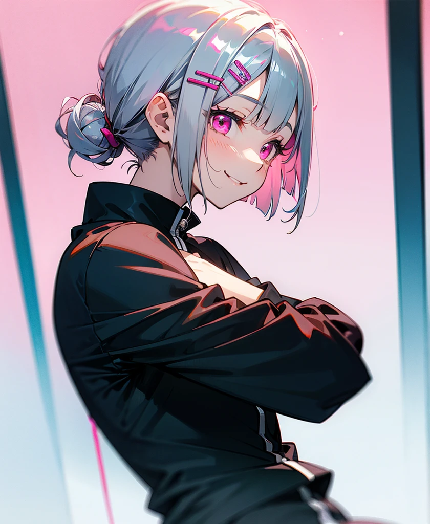 With one person、Short silver bob hair tied in a bun with a hair clip、Pink Eyes、smile、From the side、wear a rider'Jacket、Colors based on red and green