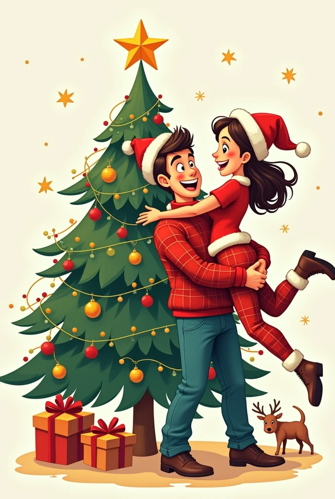  A cartoon couple wearing Christmas clothes with a Christmas tree next to them. He is carrying the girl to put a star at the top of the Christmas tree. 2d drawing with  outline 