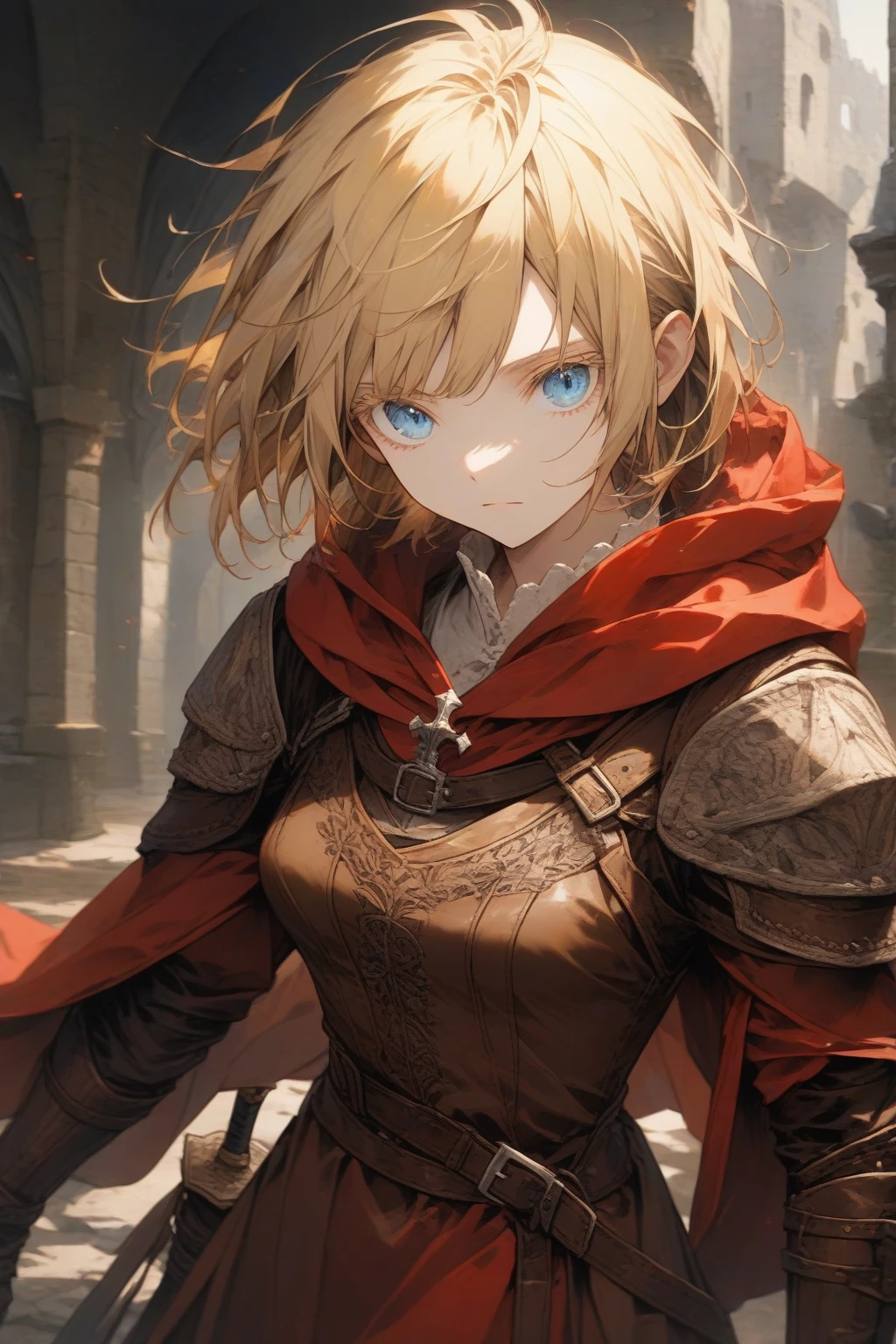 masterpiece, best quality, very aesthetic, absurdres,1girl,rating: general,(hyper detailed eyes),blonde hair,short hair,[disheveled hair],colored eyelashes,blonde eyelashes,blue eyes,(sharp eyes),(slanted eyes),choppy bangs,medium breasts,clear face,expressionless,(red hooded cloak),leather armor,leather chest guard,leather gauntlets,leather greaves,leather boots,sword on hip,sheathed,medieval,