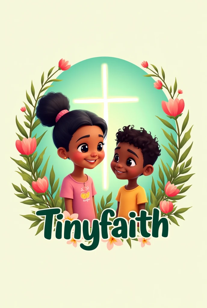 /imagine logo design pour une chaîne de dessin animé chrétien nommé TinyFaith sur le logo je veux des fleurs et si il faut rajouter des enfants met une fille un garçon noir et blanc de peau
Il faut qu’il y ait au moins un garçon et que le nom soit présent avec de la couleur (vert menthe, rose etc) que la fille soit blanche rajoute un signe de la croix pour rappeler le côté chrétien