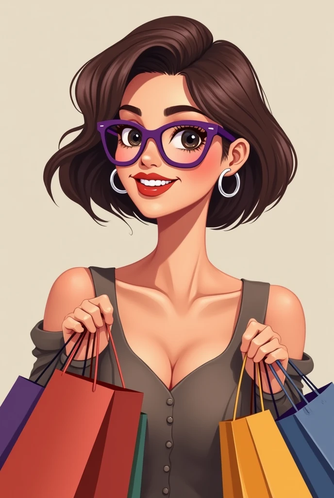 A brunette woman, short side hair, with rectangular purple glasses, medium hoop earring, smiling and winking. Brown lipstick and discreet makeup, carrying shopping bags in hand