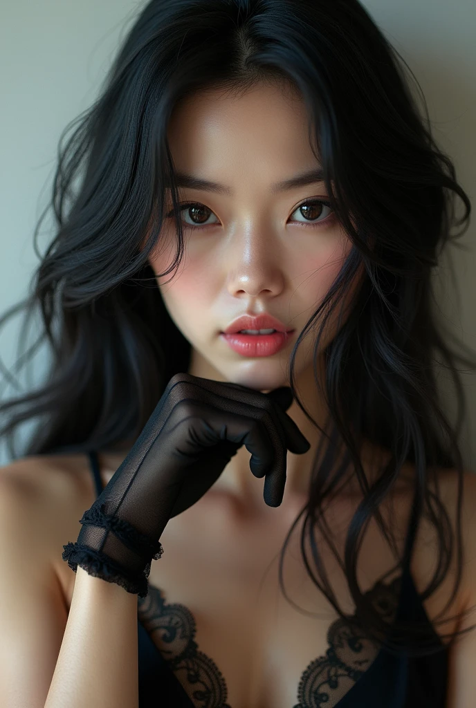 photorealisitic, Lip gloss, realisitic, best qualityer, ultra-high resolution, DeepL, pastel colored, natural shading, focus on the face, just the face, gazing at viewer, long hair, Bblack hair, brown, well-detailed eyes, black gown, mitts, anatomically correcte