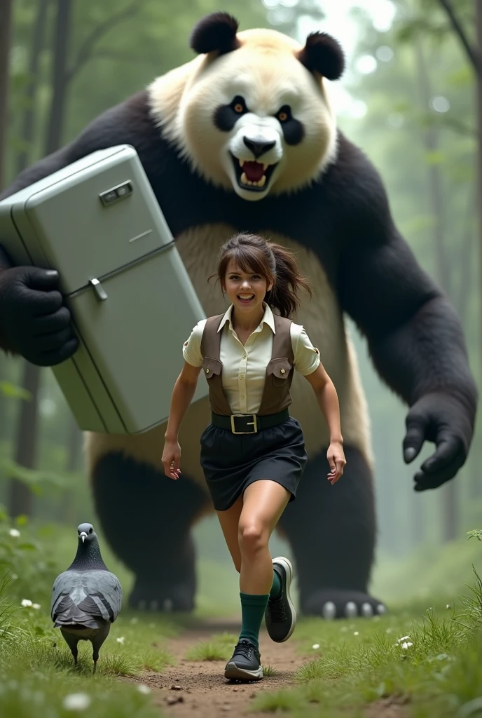 ((Giant panda holds up a refrigerator with both hands)), ((Gray female pigeon)), (short-sleeved shirt),(Angry Giant Panda), A giant panda chases after you, Gray female pigeonが全力で走って巨大パンダから逃げている, Gray female pigeonがオフホワイトで襟付きのshort-sleeved shirtに薄茶色のベストを着てひざ丈の黒いスカートに濃い緑の靴下と黒の靴を履いている, 筋肉質なGray female pigeon, The background is a grassy forest, ((horror movie posters)), Photorealistic images,