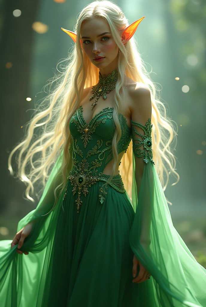 , ((( Green dress), flowers, jewelry, long sleeves, wide sleeves, elf clothing, , embroidery, long skirt, long flowing blond hair, detailed face, detailed beautiful eyes, (intricate:1.3), (arcane aura:1.2), (dreamlike:1.3), (subtle mist:1.1),(vibrant colors:1.2), (detailed hair:1.3), (ultra realistic details:1.5),